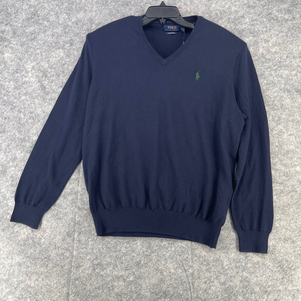 Polo Ralph Lauren V-Neck Sweater Men Large Blue Pima Cotton Pony Logo Preppy